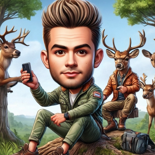 Забавный шарж охотника с ружьем и рыбака с огромным уловом у лесного озера