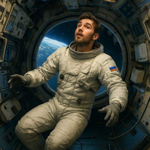 Шарж в стиле космонавта в скафандре на фоне звезд