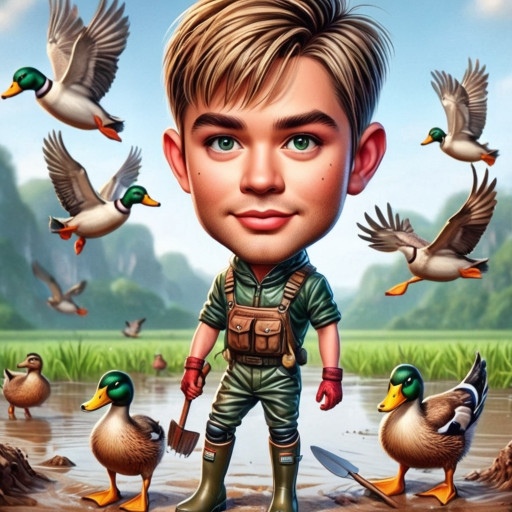 Групповой шарж охотников в лесу с трофеями и охотничьими собаками